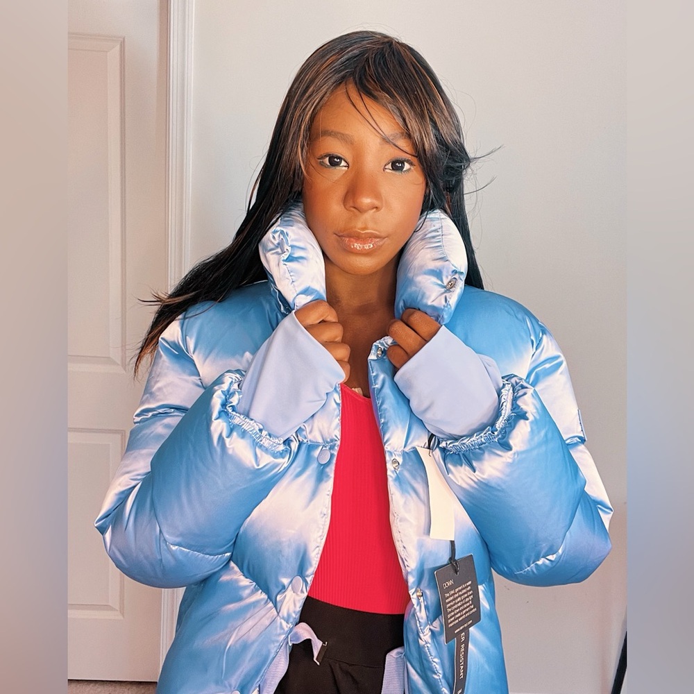 New with tags, never worn SAM NY blue goose feather coat with detachable hood
